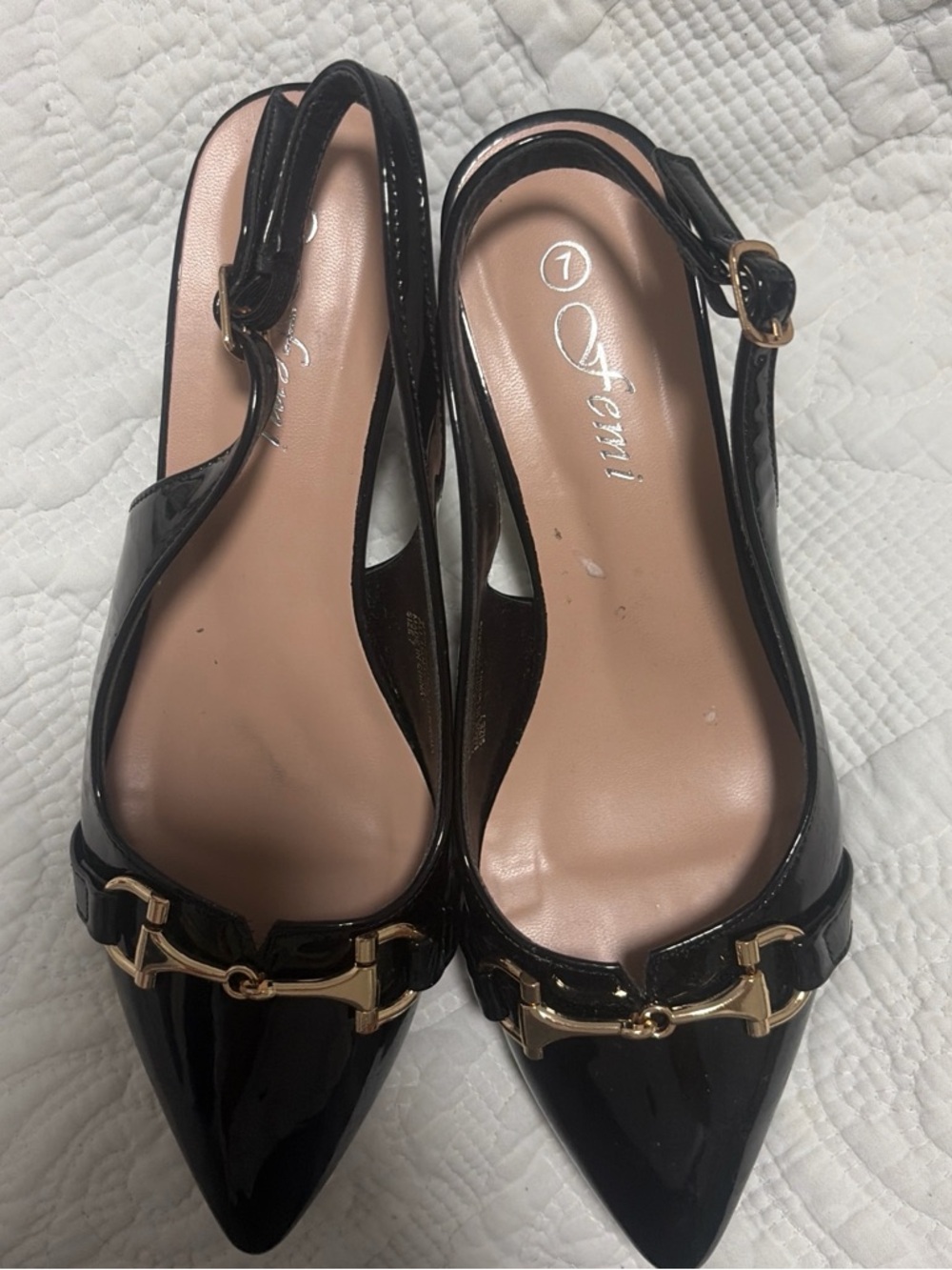 Black Patent Slingback Flats with Gold Bit Detail by